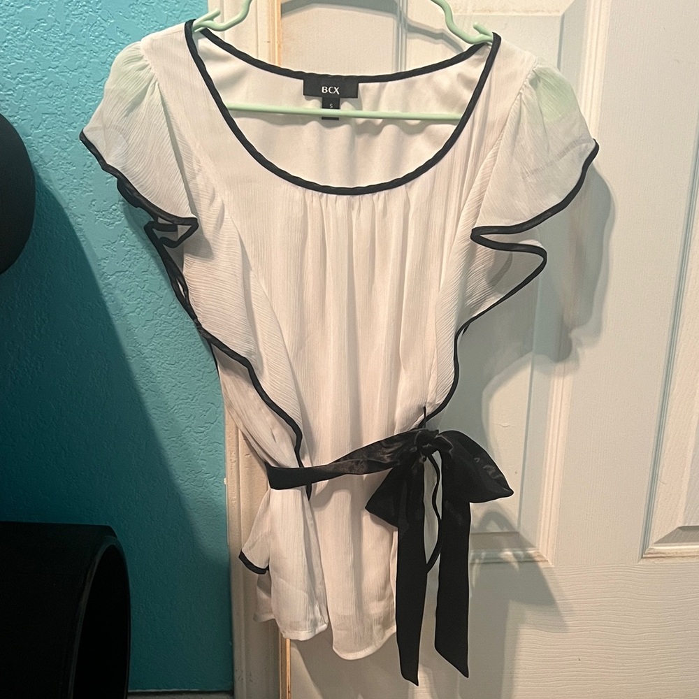BCX Women's White Flutter Sleeve Blouse with Black Trim & Bow Belt